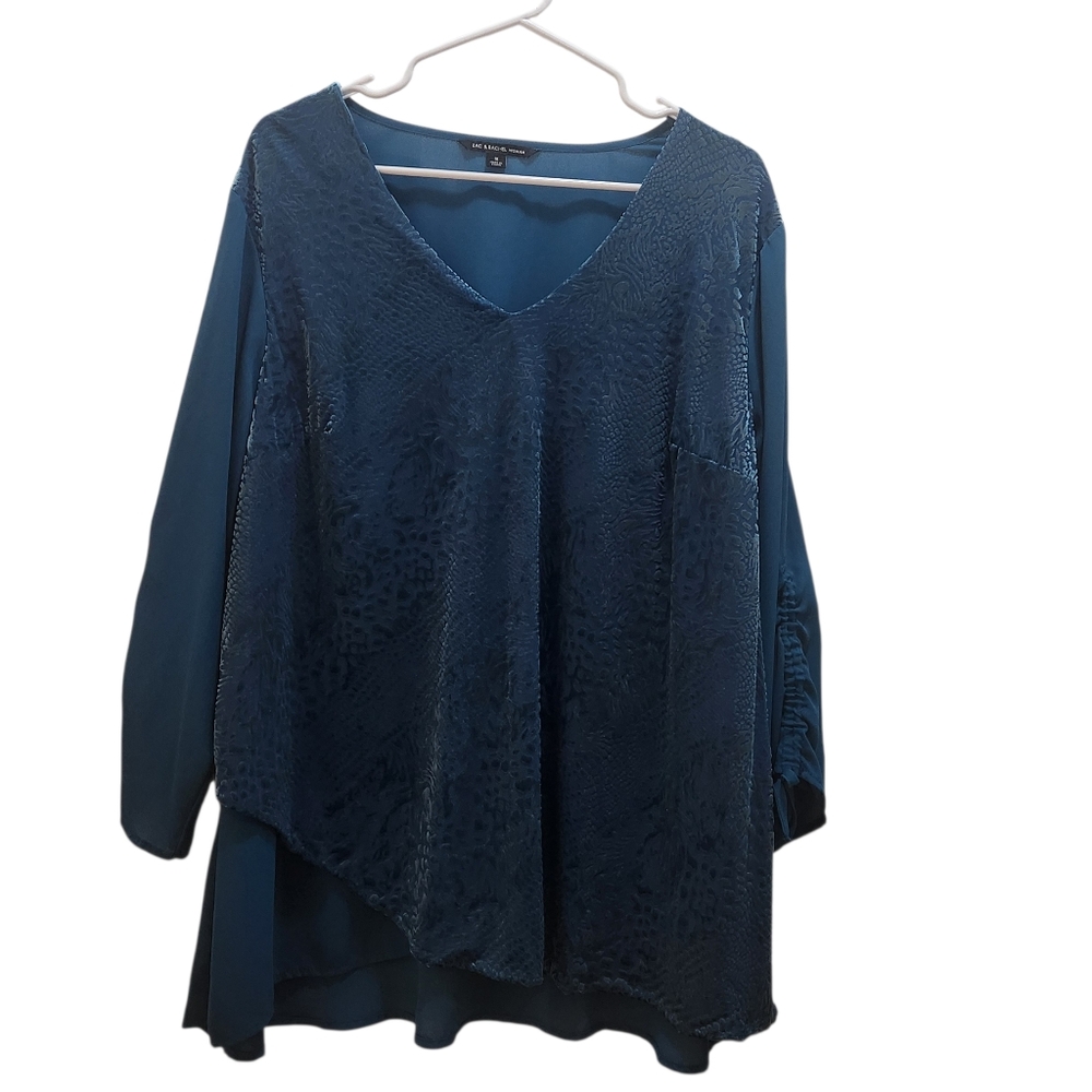 ZAC & RACHEL Woman Plus 1X Velvet Untamed Animal Print Burnout Top Teal Blue